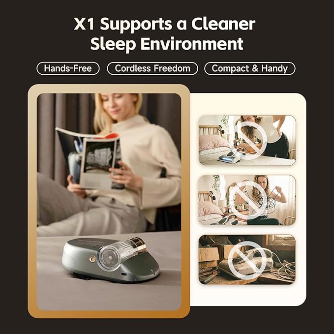 X1 Robot Bed Vacuum, Automatic Mattress Vacuum Cleaner with Intelligent Path Planning, UV-C Light, HEPA Filter, One-Click 100% Dust & Pet Hair Removal for Bed, Mattress, Sofa, Carpet