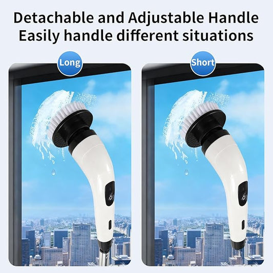 Rechargeable Electric Spin Scrubber, Waterproof Power Cleaner with 7 Brush Heads,1 Window Squeegee,2 Speeds Adjustable Long Handle for Bathroom, Floor, Shower, Tile & Kitchen Cleaning (White)