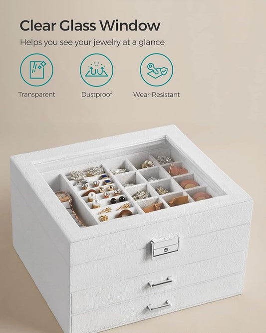 SONGMICS Jewelry Box, Lockable Jewelry Storage Organizer, Jewelry Case with Glass Window, for Rings, Earrings, Studs, Bracelets, Necklaces, White UJBC158W01