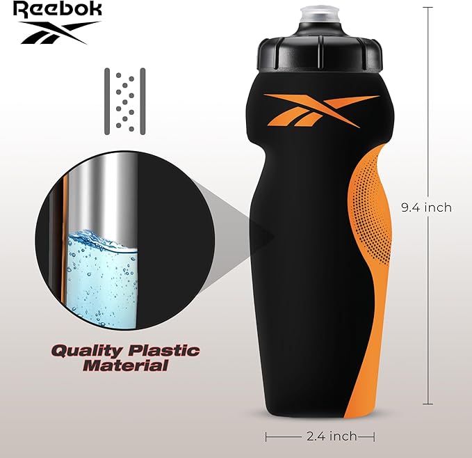 Reebok Squeeze Water Bottles With Athletic Design - Water Bottle 24 oz - Sports Water Bottle - Reusable Water Bottle For Gym, Running, Hiking etc, BPA Free (Black)