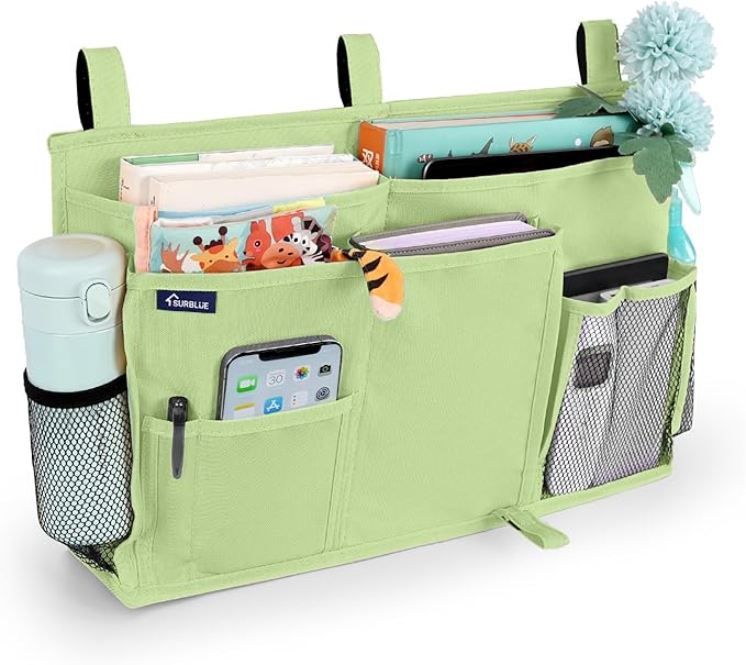 Surblue Bedside Caddy Hanging Bed Organizer Storage Bag Pocket for Bunk and Hospital Beds, College Dorm Rooms Baby Bed Rails, Camp 8 Pockets, (Large, Sage Green)