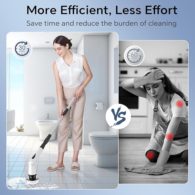 Electric Spin Scrubber with 8 Replaceable Brush Heads 3 Adjustable Angle Waterproof LED Display Cordless Cleaning Brush Supplies Bathroom Cleaner Set Long Handle Power Scrubber for Shower Floor Tub