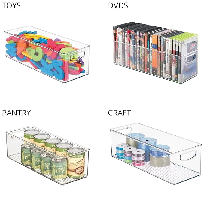 mDesign Plastic Video Game and DVD Storage Organizer - Game and Movie Disc Holder Bin with Handles for Home Media Console Stand and Closet Shelf - Ligne Collection - 4 Pack - Clear