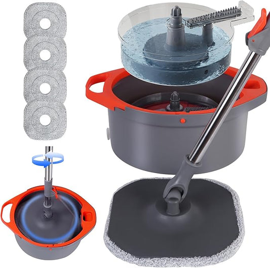Spin Mop and Bucket Set with Separate Dirty and Clean Water,360° Spin Mop and Bucket System with Widening Foldable Handle,4 Replaceable Mop Pads,Square Mop for Floor Hardwood Tile Marble Wall Cleaning
