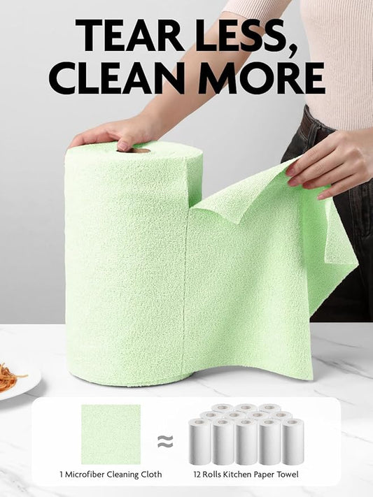 Fantasticlean Microfiber Cleaning Cloth Roll -75 Pack, Tear Away Microfiber Towels, 12" x 12", Reusable, Washable, Scratch Free, Ultra Absorbent Dishcloth for All-Around Cleaning Supplies (Green)