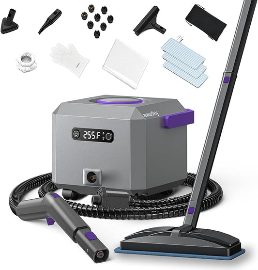 Canister Steam Cleaner: 50-Sec Heat-Up, 0.6 Gal Tank Refill Anytime (Non-Pressurized), 1650W, 60 PSI, 21-Pcs Kit, Dry/Wet Modes, Detachable Hose for Tile Grout Furniture Floor Car Cleaning Gray