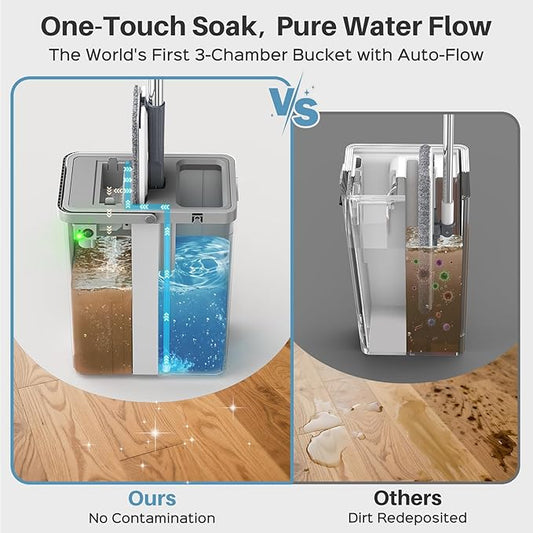 Mop and Bucket Set with AUTO Pump, 3-Zone Separate Dirty and Clean Water Floor Mop, Flat Mop and Bucket System with Wheels and Wringer, 4 Reusable Pads, One-Touch Water Filling for Floor Cleaning