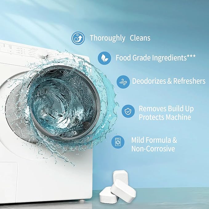 Whitecat washing machine cleaner tablets - deep cleans, refreshes & deodorizes, removes limescale & odor, protects house washer machine with powerful cleaning action