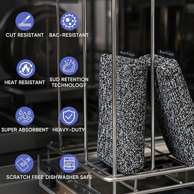 Belhope Heavy Duty Kitchen Sponges - Lasts 20x Longer, Heat Resistant & Cut Proof Scratch-Free, Safe for Non-Stick Cookware Versatile Household, Bathroom & Outdoor Cleaning Supplies (3, Grey)