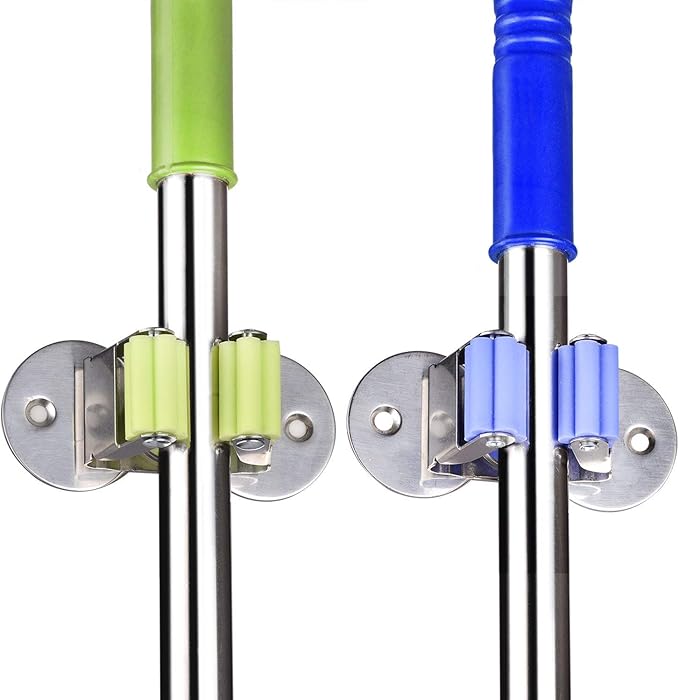 Stainless Steel Mop and Broom Holder, Dual-Purpose Wall Mounted Mop Broom Organizer with 2 Pcs 3M Self Adhesive and Double Screws,Bathroom Kitchen Organizer Rack with Spring Clip Design