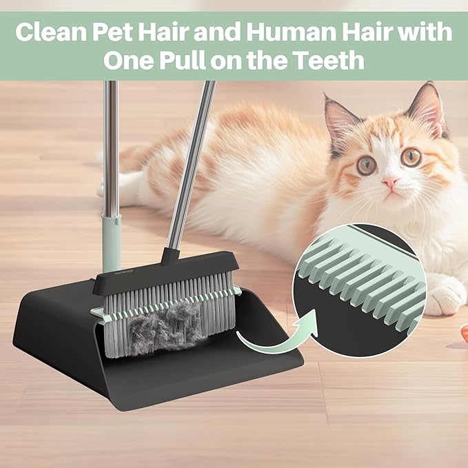 JOYMOOP Black Broom and Dustpan Set with 56” Handle, Upright Angle Design for Pet Hair and Hard Floor Sweeping