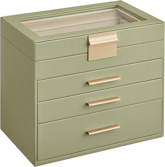 SONGMICS GISELLA Collection - Jewelry Box Organizer, 4-Layer Jewelry Storage with 3 Drawers, Shiny Metal Hardware, Glass Lid, Modern, 6 x 9.9 x 8.5 Inches, Laurel Green and Gold Color UJBC161C02