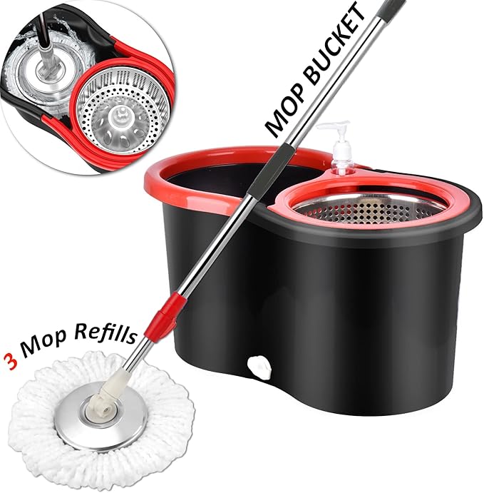 Spin Mop and Bucket with Wringer Set，360° Spin Mop and Bucket System with 3 Replaceable Microfiber Mop 61" Handle Household Cleaning Tools for Wet and Dry,Set of 2