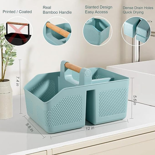 rejomiik Shower Caddy Portable with Bamboo Handle, Plastic Basket Cleaning Caddy Organizer Storage Tote for Bathroom, College, Dorm Room Essentials, Blue