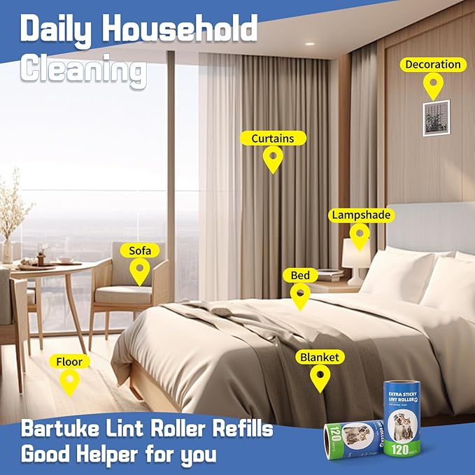 Extra Sticky Lint Roller Refills 2 Pack (240 Sheets) fit 3.8"-4" Standard Size Lint Roller Sticker with Inner Diameter at 1.5" for Pet Hair, Clothes, Furniture, Cars, No Handle Included
