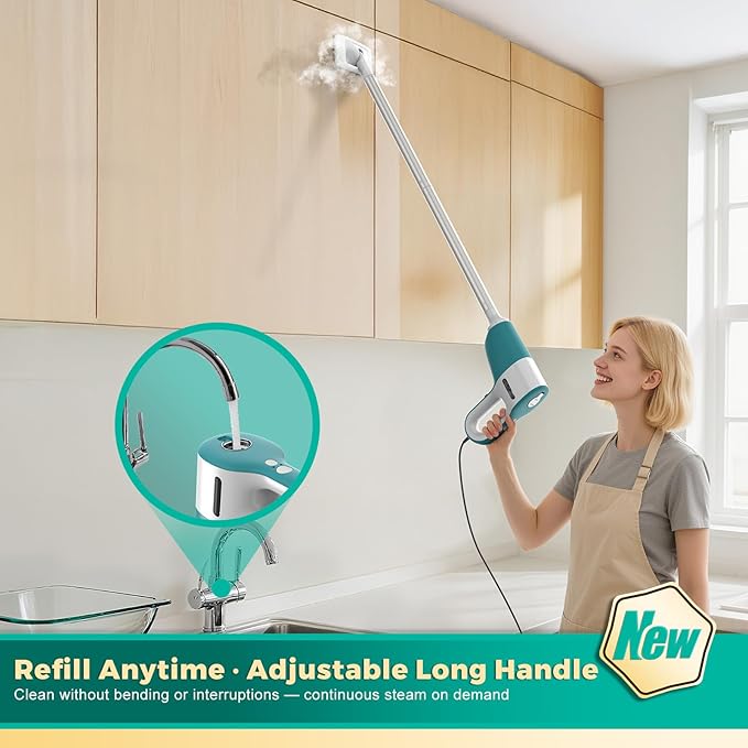 Steam Cleaner with Electric Spin Scrubber, 2-in-1 Pressurized Handheld Steam Cleaner with Detachable Long Handle, Continuous Steam, Chemical-Free Steamer for Cleaning Floor, Tile, Grout, Bathroom&Car