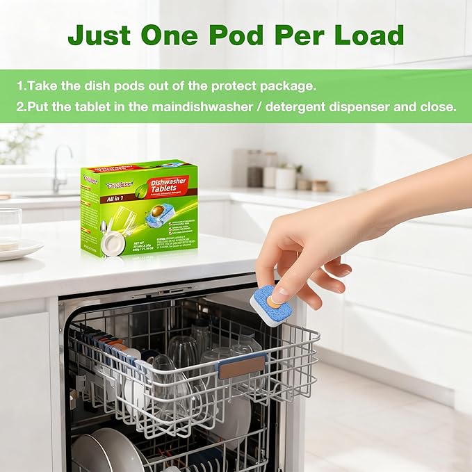 All-in-One Dishwasher Pods - Cleaner Tables No Pre-rinse Cuts Through Tough Grease & Stuck on Food, All Natural Eco-friendly Formula Non-toxic Dishwasher Detergent Gentle Yet Powerful Clean 30 Tabs