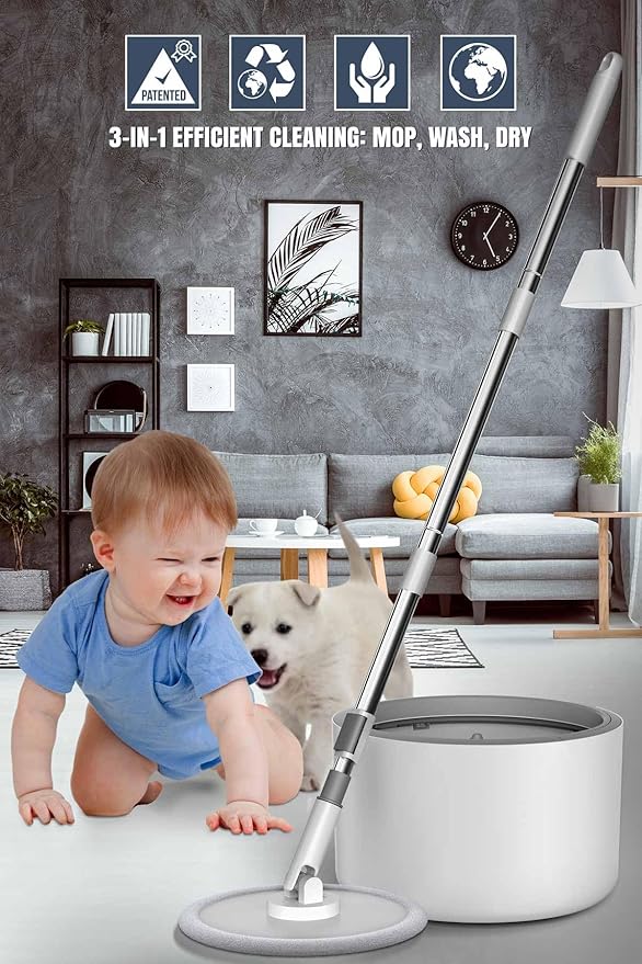VENETIO Innowellclean Spin Mop and Bucket Set with Water Filtration System | Self-Cleaning, Dry/Wet 3-in-1 Microfiber Mop for Floor Cleaning, Home, Kitchen Hardwood, Laminate (5 Pads & Triangle Head)