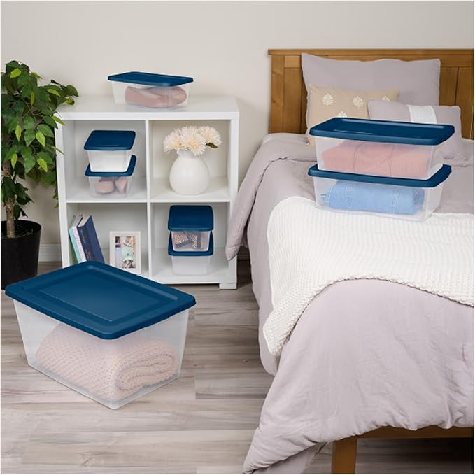 Sterilite 16 Pack Storage Boxes, Clear Plastic Stackable Containers, Lightweight Home Organizers with Snap Lids, 58 Quart, Marine Blue