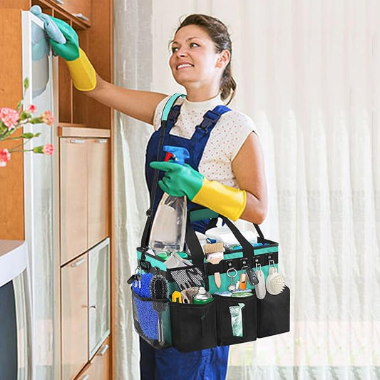 Cleaning Bags for Housekeepers, Large Cleaning Supplies Organizer with Handles & Shoulder Strap, Cleaning Caddy Bag with Foldable Divider for Cleaners, Car Horse Cleaning Bag (Green)