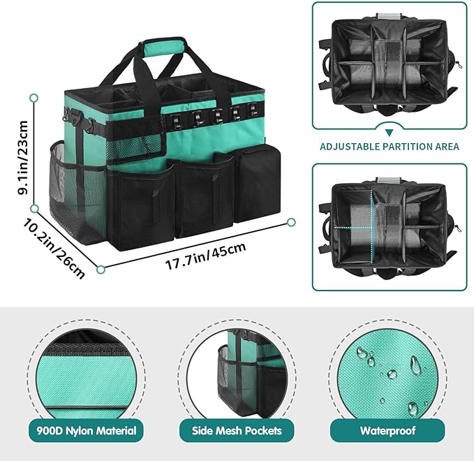 Cleaning Bags for Housekeepers, Large Cleaning Supplies Organizer with Handles & Shoulder Strap, Cleaning Caddy Bag with Foldable Divider for Cleaners, Car Horse Cleaning Bag (Green)