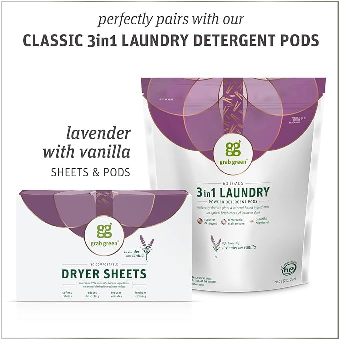 Grab Green Dryer Sheets, 160 Sheets, Lavender Vanilla Scent, Plant Based, Softens Fabrics, Reduces Static Cling and Wrinkles