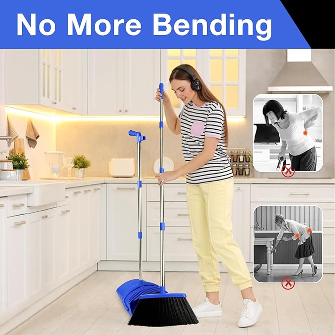 Broom and Dustpan Set, Long Handle Lightweight Dustpans with Broom Combo for Home, Indoor&Outdoor Sweeping for Home Room Kitchen Office Lobby (Dark Blue)