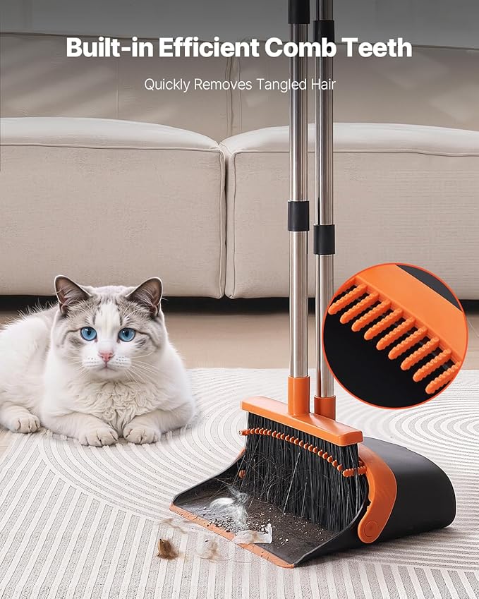 VEVOR Broom and Dustpan Set, Heavy Duty Dustpan and Broom Combo with Self-Cleaning Teeth, Metal Upright Standing Dust Pan with Long Handle, Ideal for Home, Restaurant, Office, Dorm, Black+Orange