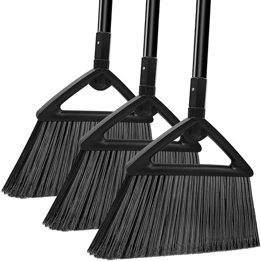 Heavy Duty Commercial Broom, 3 Pack Upgraded Angle Brooms for Sweeping Outdoor and Indoor, Perfect Black Brooms of House, Kitchen, Garage, Courtyard, Concrete