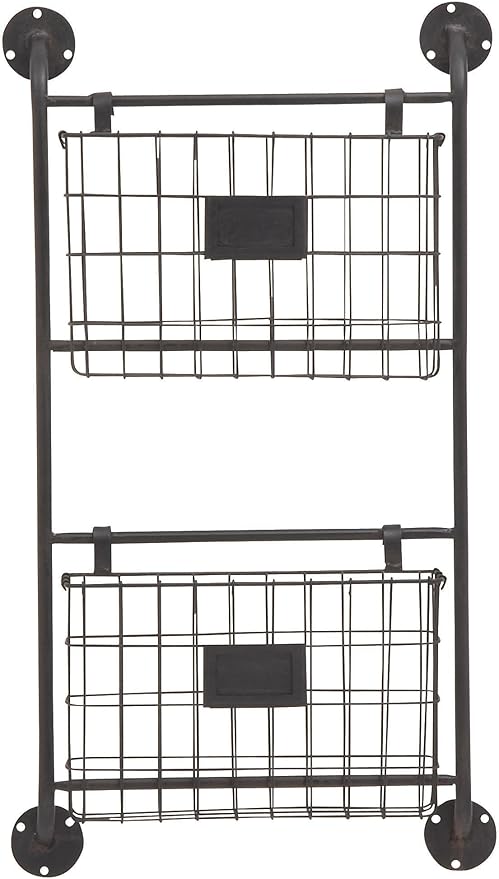 Deco 79 Metal Rectangle Magazine Rack Holder with Suspended Baskets and Label Slot, 16" x 3" x 28", Black
