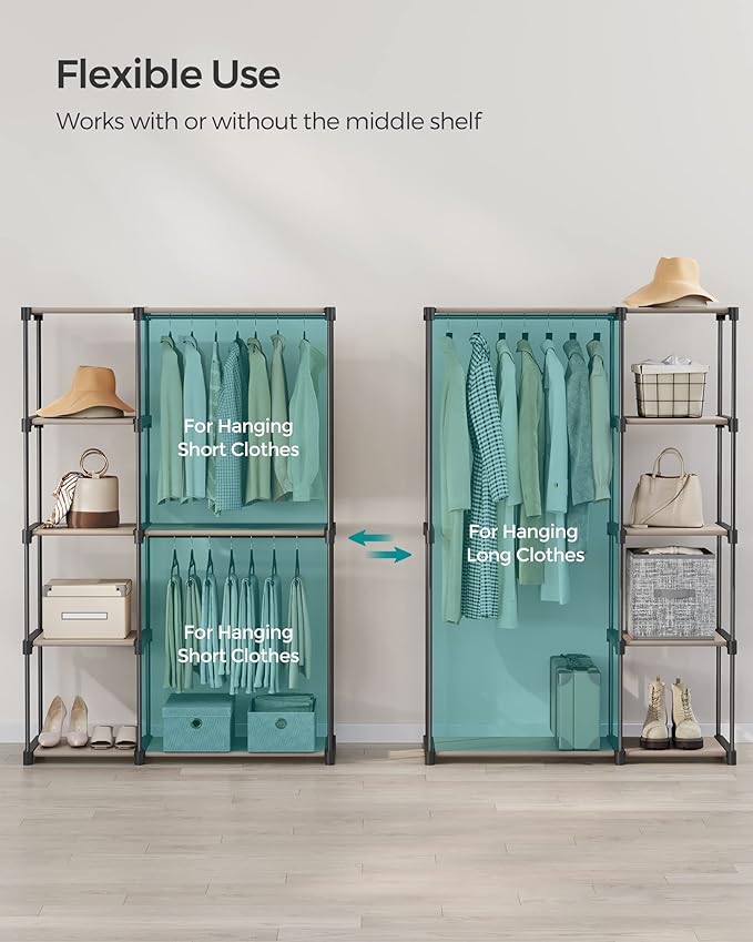 SONGMICS Portable Closet, Freestanding Closet Organizer, Clothes Rack with Shelves, Hanging Rods, Storage Organizer, for Cloakroom, Bedroom, 48.8 x 16.9 x 71.7 Inches, Taupe URYG026R02