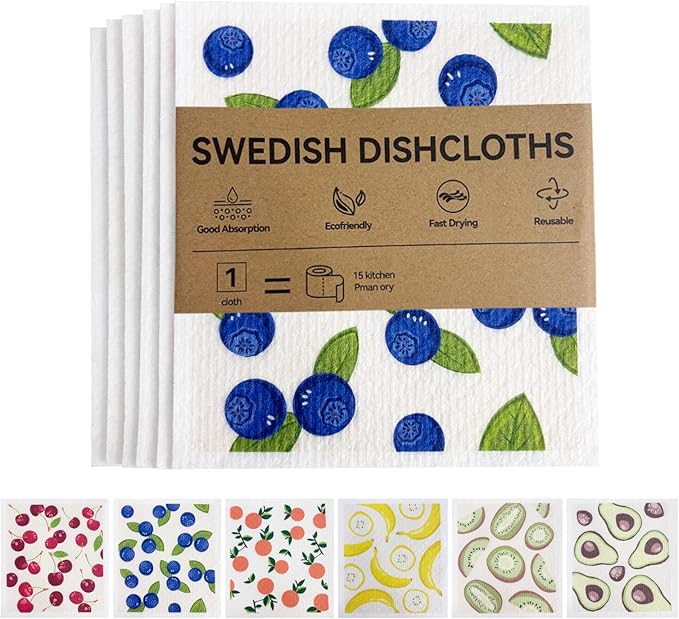 Kitchen Towels Swedish Dishcloths - 6 Count Reusable Paper Towels Washable, Cellulose Sponge Dish Towels for Kitchen Cleaning, Ultra Absorbent Odor Free Eco Friendly Biodegradable Cleaning Rags