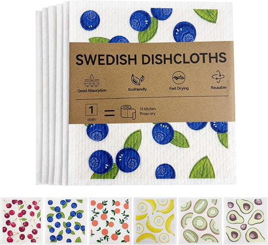 Kitchen Towels Swedish Dishcloths - 6 Count Reusable Paper Towels Washable, Cellulose Sponge Dish Towels for Kitchen Cleaning, Ultra Absorbent Odor Free Eco Friendly Biodegradable Cleaning Rags