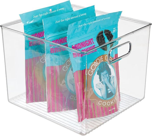 mDesign Plastic Modern Kitchen, Pantry Food Storage Container Bin w/ Handles - Cabinet, Fridge/Freezer, Countertop Organizer - Snacks/Drink/Appliances; Ligne Collection, Clear, 10x10x7.75 (Pack of 1)