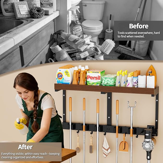 Broom Holder Wall Mount with Cleaning Supplies Organizer, Laundry Room Shelves with Mop Hanger Rack Gripper Hooks and Vacuum Organizer, Broom and Mop Organizer Wall Hanging for Home Garage Kitchen