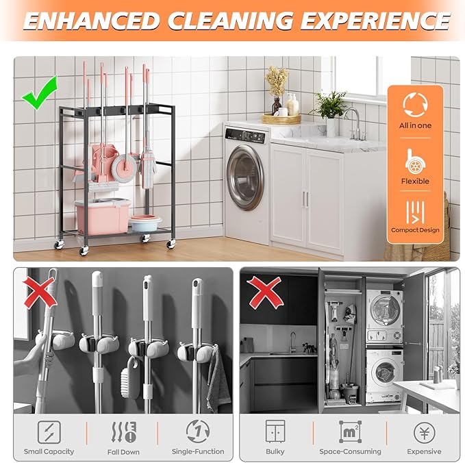 Broom and Mop Holder, Broom Closet Storage Cabinet, Cleaning Cart with Broom and Mop Hanger, Janitorial Cart with Wheels for Household, Laundry Room Organization