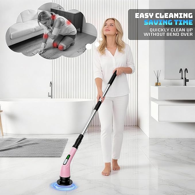 Electric Spin Scrubber for Cleaning Bathroom: Cordless Power Shower Scrubber - Electric Cleaning Brush for Tile Tub - Pink