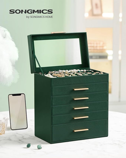 SONGMICS GISELLA Collection - Jewelry Box Organizer, 6-Layer Jewelry Storage with 5 Drawers, Shiny Metal Hardware, Glass Lid, Modern, 6.4 x 9.9 x 11.4 Inches, Forest Green and Gold Color UJBC171C01