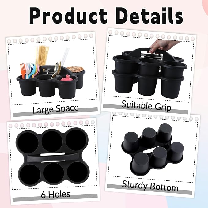 6 Pack Classroom Caddy with Handle Plastic Storage Caddy Organizer with 6 Compartments Drink Cup Caddies Holder Portable Storage Bin for Pencil, Crayon, Marker, Home, Office, School Supplies(Black)