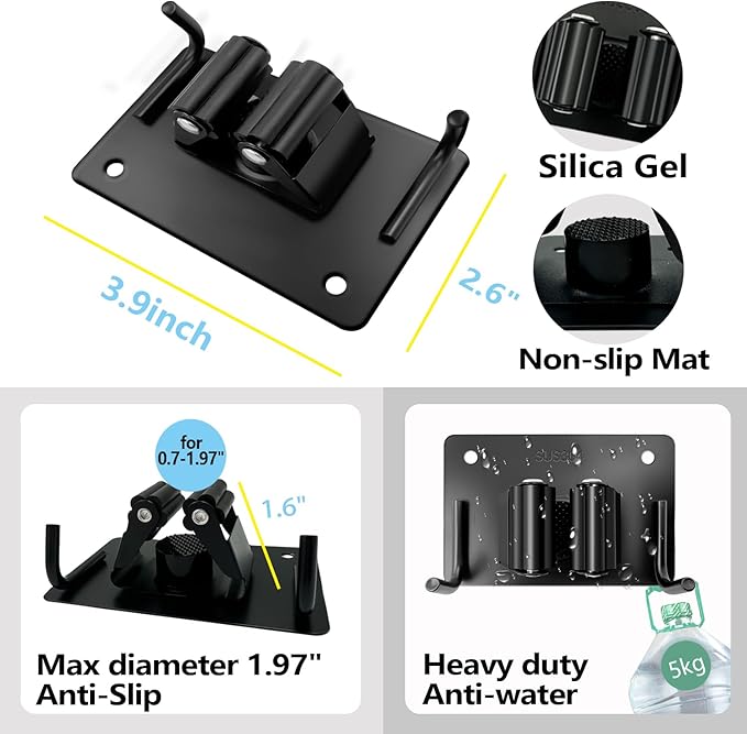 Mop and Broom Holder Wall Mount Stainless Steel 304 Tool Garage Organization Rack Screw and Self Adhesive Broom Hanger Heavy Duty 4pcs (Double Hooks Big Size，4pcs Black), TBJ001