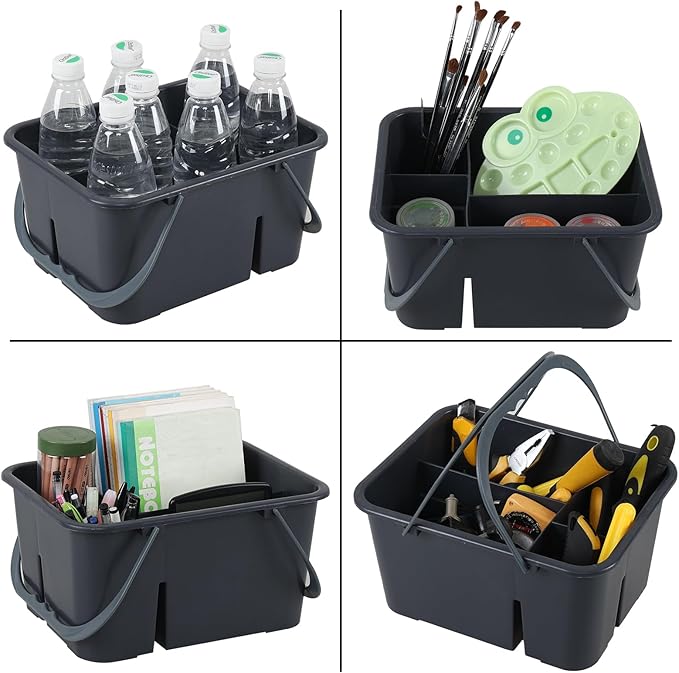 Plastic Divided Caddy Organizer with Handle, 4-Compartment Plastic Cleaning Caddy, Drak Gray