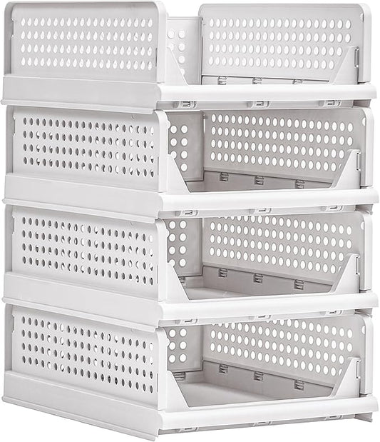 VECELO 4 Pack Plastic Closet Shelf Organizer, Stackable Sweater Storage Closet Drawers, Foldable Wardrobe Organizer, Easy Assembly, Durable and Space Saving for Closet, Bathroom, Kitchen, Gray
