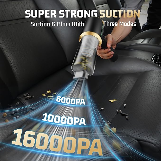 Car Handheld Vacuum Cordless: Car Vacuum Cleaner with 16000Pa Ultra-Strong Suction, Brushless Motor & HEPA Filter - Lightweight Design for Driver and Office Worker - Off Black