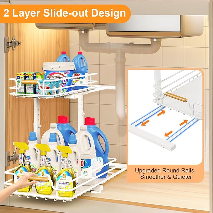 JYPS 2 Pack Under Sink Organizer, 2 Tier Pull out Under Kitchen Bathroom Sink Organizer and Storage, Metal Sliding Drawer for Cabinet Pantry Undersink Organizers Shelf