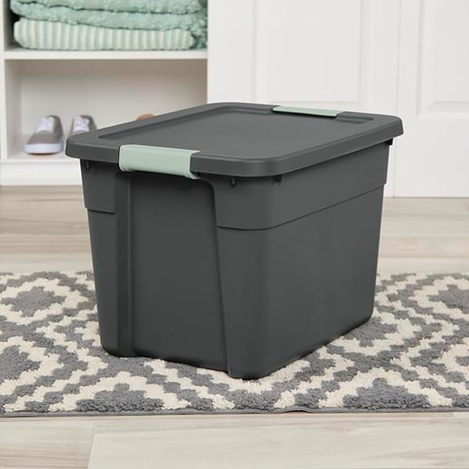 Sterilite 18 Pack Latch Tote, Stackable Plastic Storage Container, 12 Gallon, Gray/Green