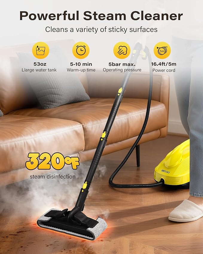Multi-Purpose Steam Cleaner for Grout, Tile, Car Detailing & Home Appliances - 23 Attachments for Grime, Grease, Bacteria Removal - with 16.4ft Long Cord
