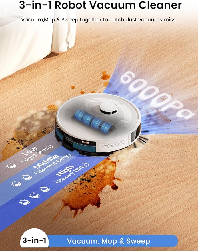 Lefant M2L Plus LiDAR Robot Vacuum and Mop, 190° PSD Obstacle Avoidance, 6000Pa Strong Suction, 75-Day Capacity, Multi-Floor Mapping, 130 Min Runtime, WiFi/Alexa/APP/iWatch