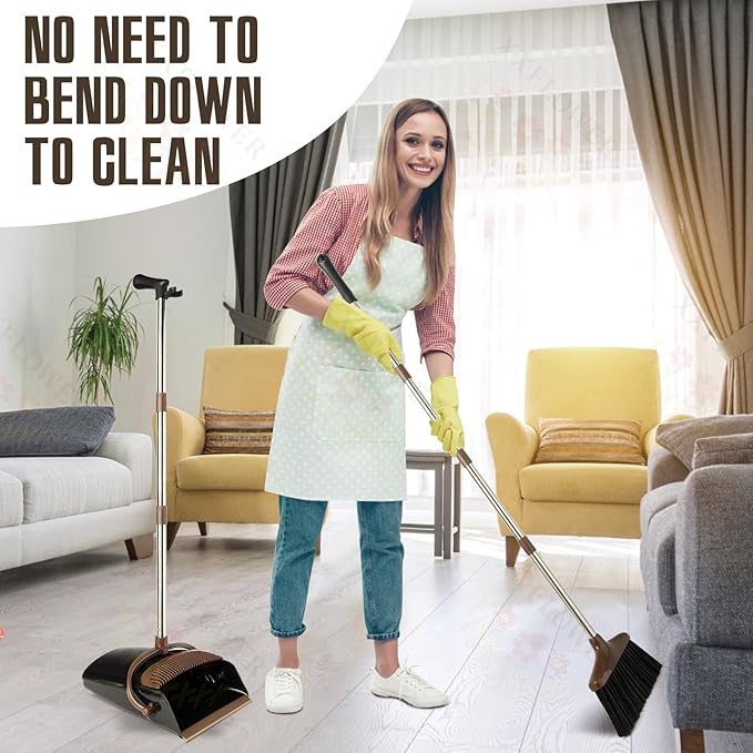 Broom and Dustpan Set with Long Handle, Light Weight Stainless Steel Poles Stand Upright Dustpans with Broom Combo for Home Kitchen Office Pet Dog Hair, 1-Pack (Black Brown)