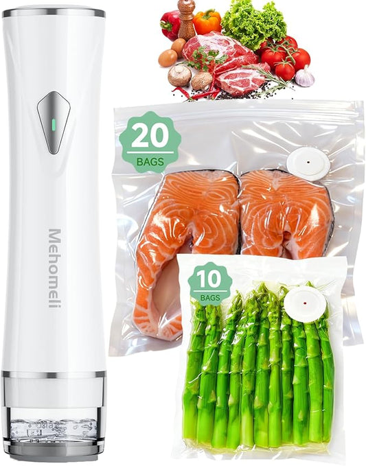 Compact Vacuum Sealer for Food (Vacuum Sealer Machine + 30 Reusable Vacuum Bags), Powerful Handheld Vacuum Sealer Machine, Seal Food 6X Fresh Longer, Portable & Wireless, Easy-Clean