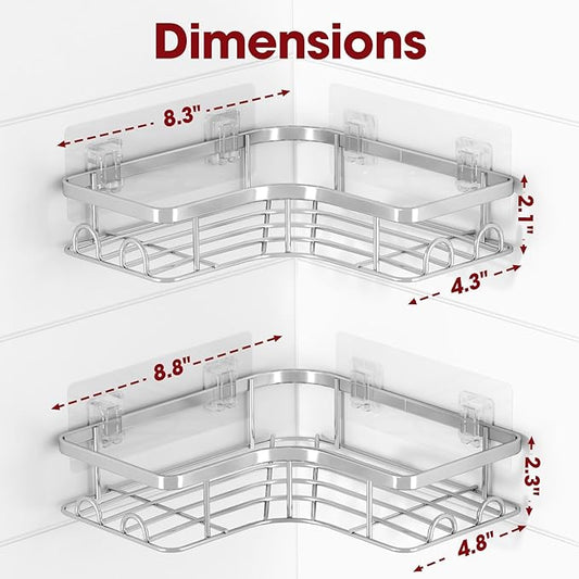 Corner Shower Caddy - 2 Pack, Adhesive Shower Organizers, Rustproof Stainless Steel Shower Shelves with 8 Hooks, No Drilling Bathroom Organizers and Storage Racks, Space-Saving, Silver, Large